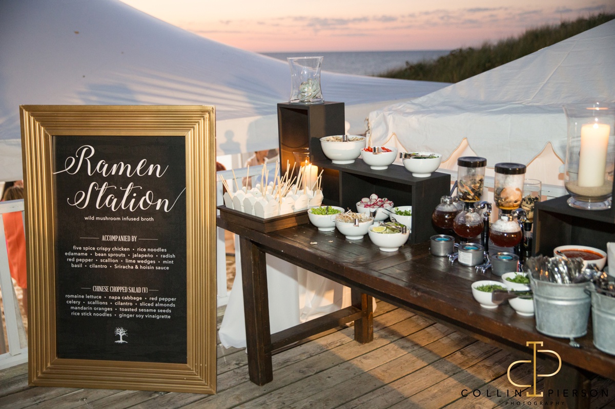 Wedding ramen station with listed ingredients