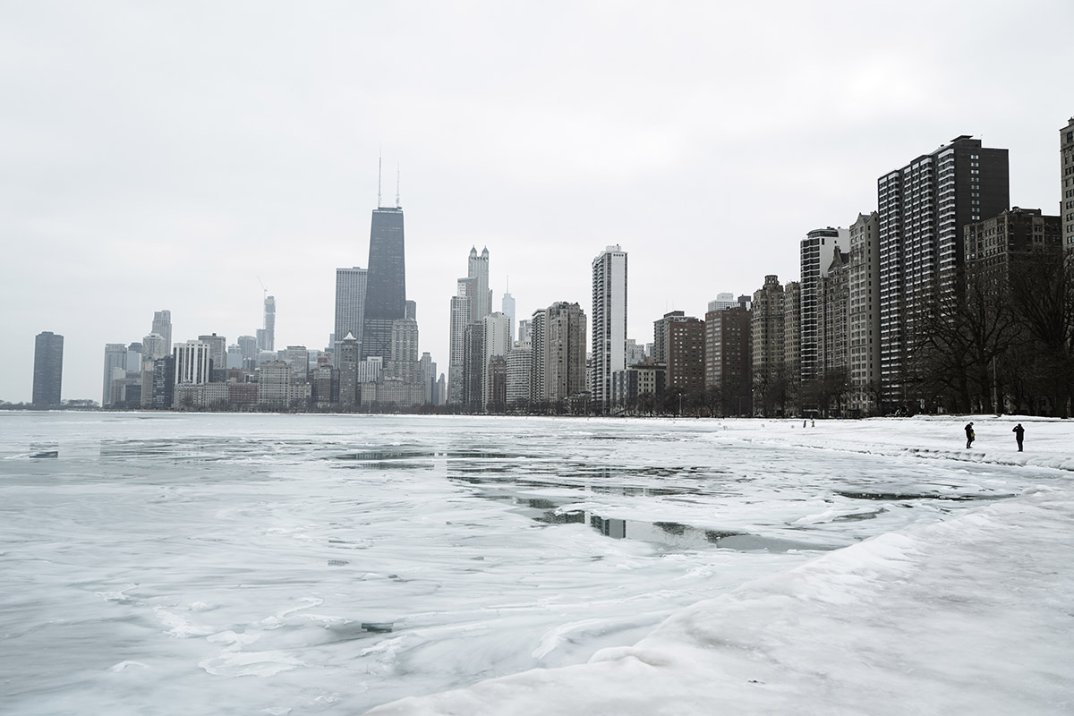 Chicago city skyline in the winter holiday season