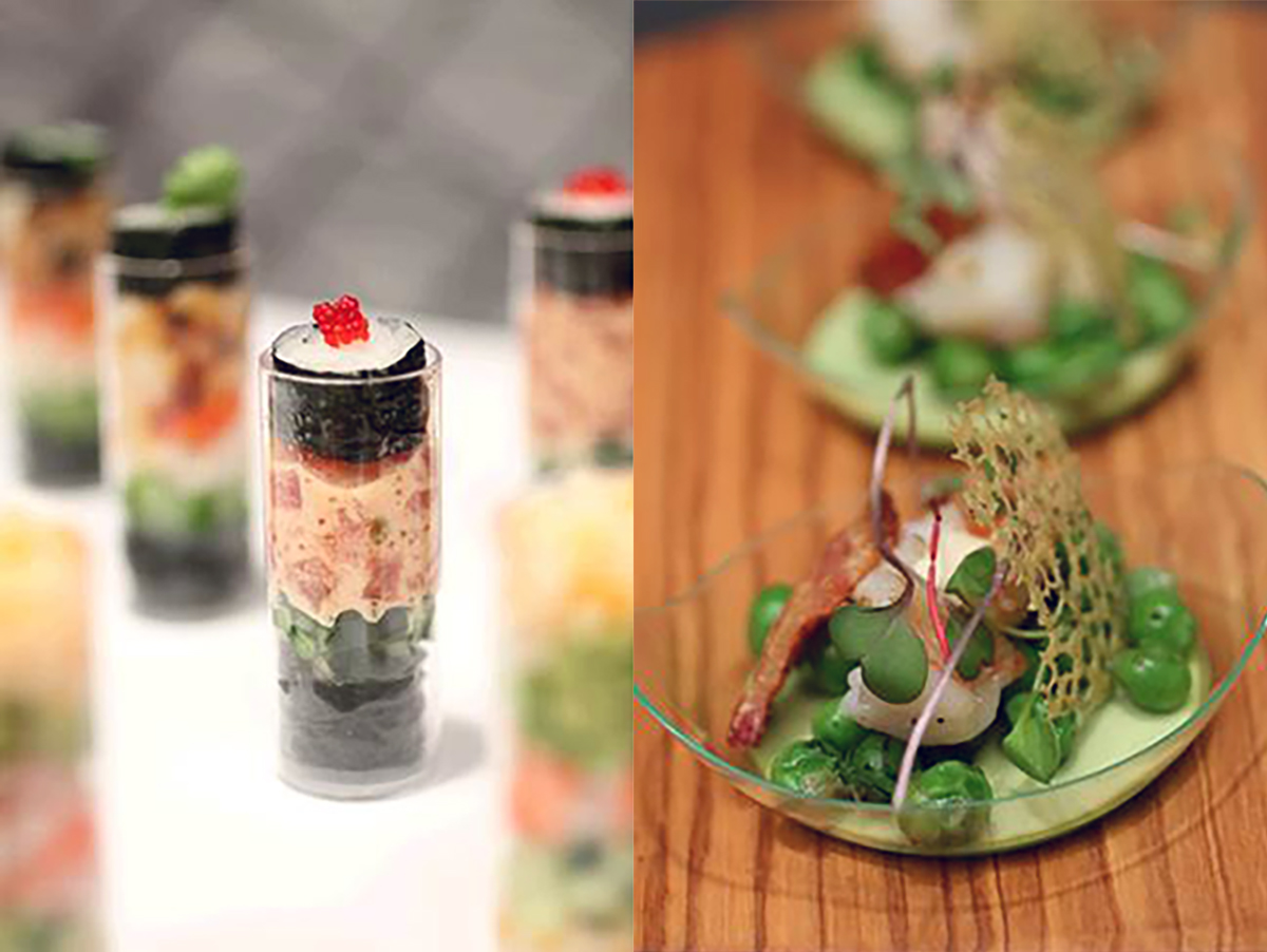 miniature spicy tuna maki push-pops and Sweet pea panna cotta